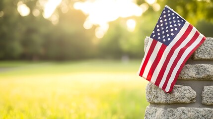 Patriotic Tribute to Veterans - American Flag Draped Over Historic Monument in Serene Park Symbolizing Honor Remembrance and Courage on Veterans Day