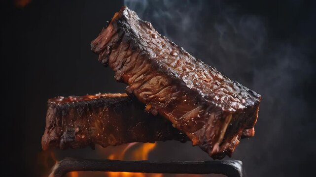Kalbi short ribs of beef grilled over fire on black background. Generative AI