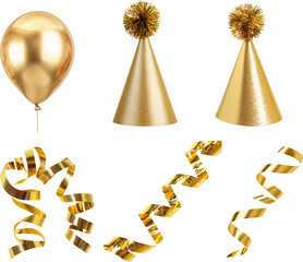 Gold balloon, gold party hat gold ribbon isolated on transparent background
Decorations for celebrations, parties