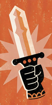 Retro Styled Heroic Sword in Raised Fist with Orange Starburst Background