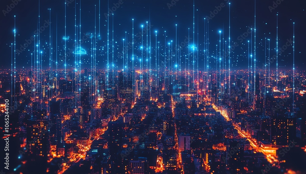 Aufkleber captivating city skyline with intricate digital connections and cloud computing icons, symbolizing t