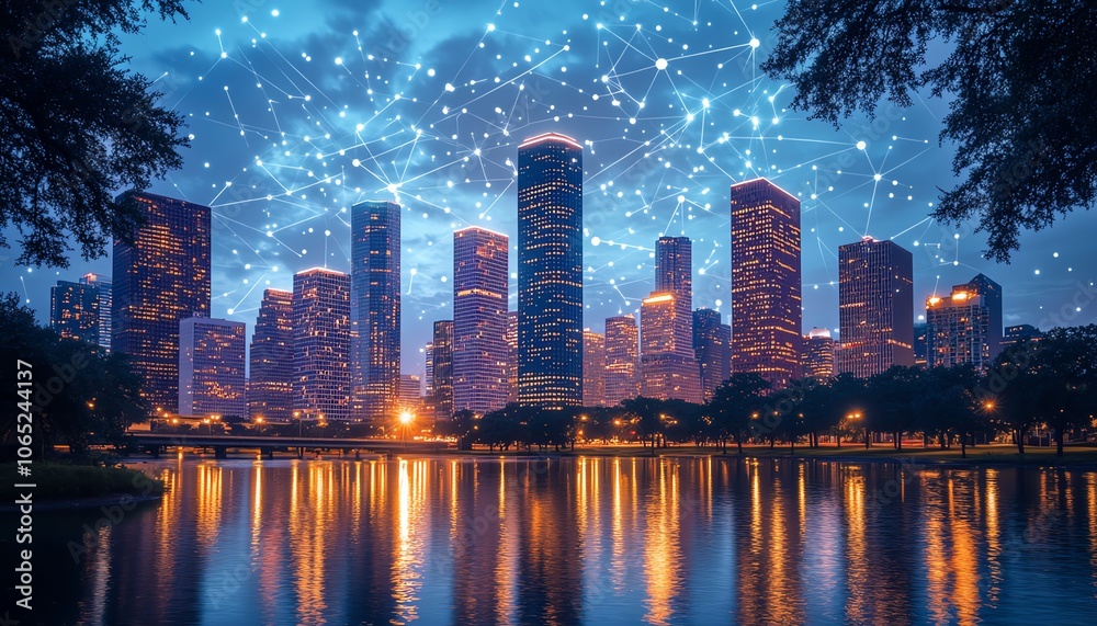 Poster captivating city skyline with intricate digital connections and cloud computing icons, symbolizing t