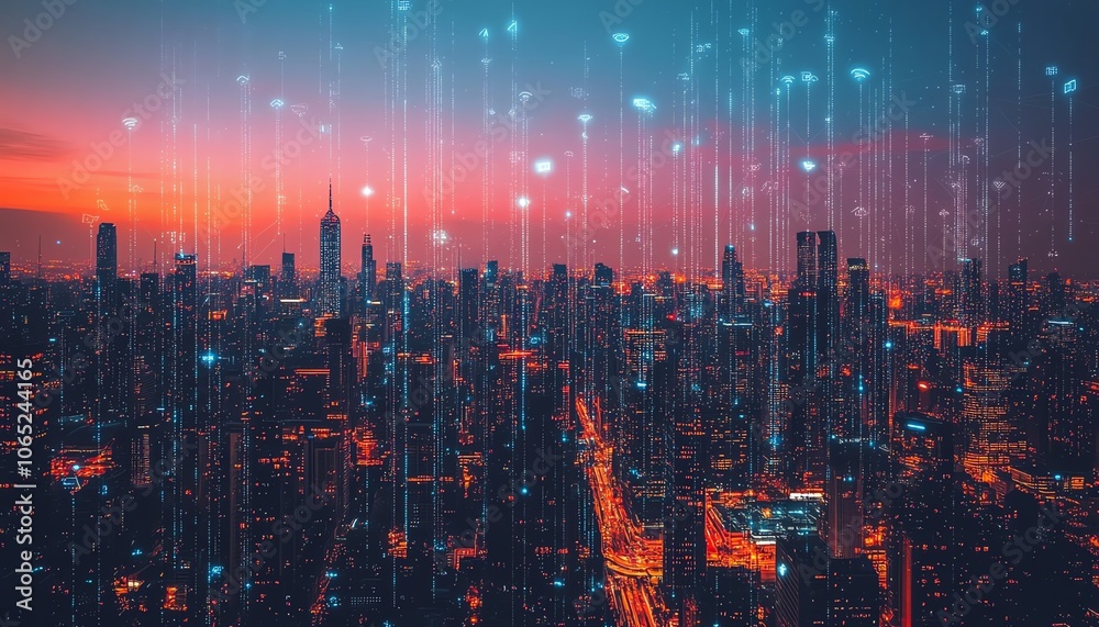 Aufkleber captivating city skyline with intricate digital connections and cloud computing icons, symbolizing t