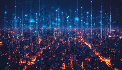 Obraz premium Captivating city skyline with intricate digital connections and cloud computing icons, symbolizing the transformation of urban environments through innovative technology
