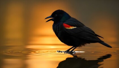 Fototapeta premium Close-up of a Red-winged Blackbird preening its feathers with detailed plumage texture and sheen