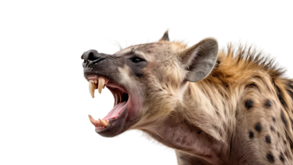Laughing hyena showing teeth isolated on white background