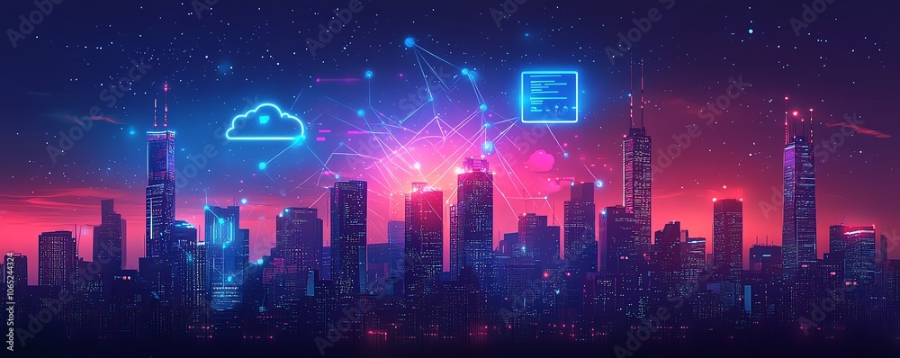 Fototapete charming city skyline illustration showcasing digital device and cloud icons, representing urban clo