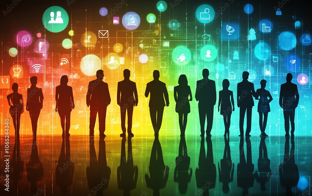 Aufkleber creative business networking concept with business people silhouettes and various social media icons