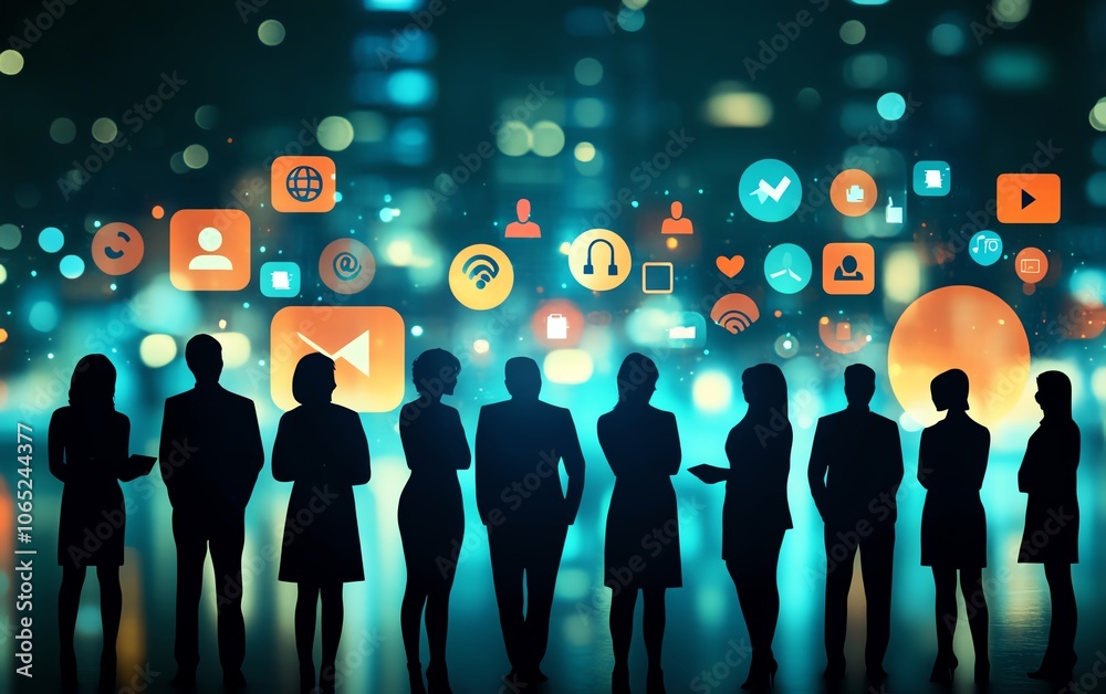 Aufkleber Creative business networking concept with business people silhouettes and various social media icons set against a blurred backdrop, utilizing a striking double exposure effect