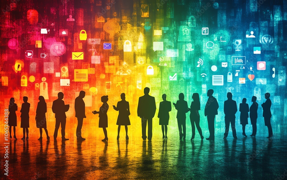 Aufkleber creative business networking concept with business people silhouettes and various social media icons