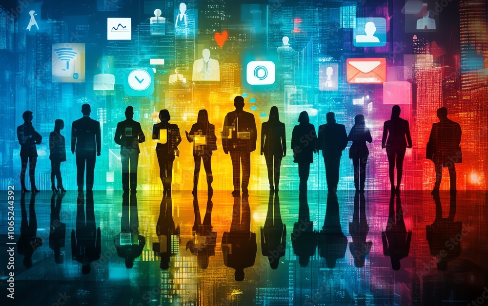 Aufkleber Creative business networking concept with business people silhouettes and various social media icons set against a blurred backdrop, utilizing a striking double exposure effect