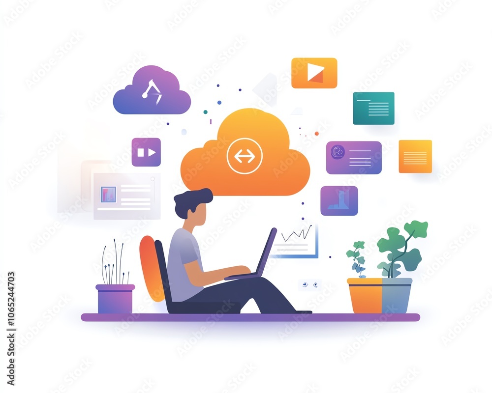 Poster Dynamic scene of an individual working on a laptop, with cloud technology and data icons hovering above, illustrating the concept of cloud storage for business applications