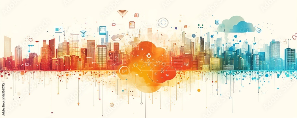 Poster dynamic urban skyline illustration adorned with digital device icons and cloud symbols