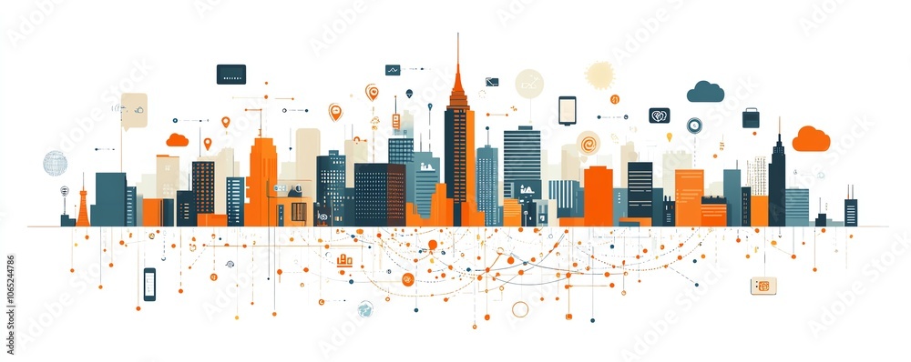 Poster dynamic urban skyline illustration adorned with digital device icons and cloud symbols