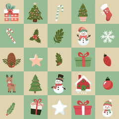 Christmas Advent calendar with geometric holiday icons. Merry Christmas poster, template, banner