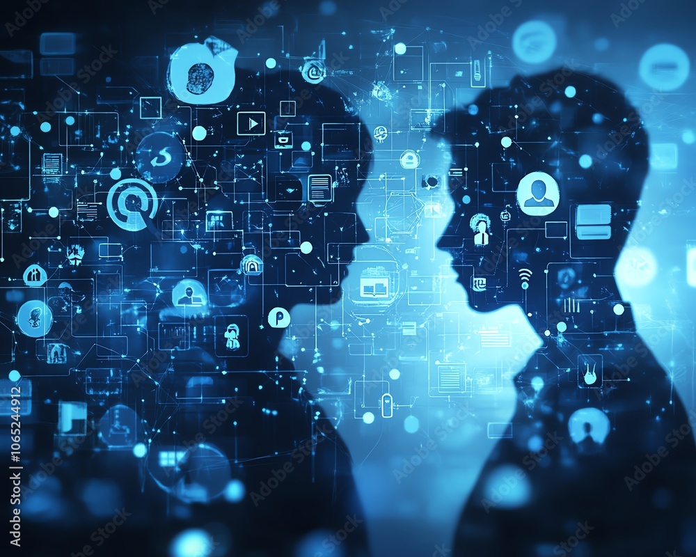 Poster engaging business network concept displaying silhouettes of professionals alongside social media ico