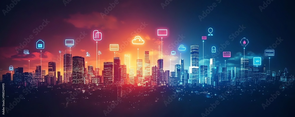 Aufkleber futuristic city skyline filled with icons of digital devices and cloud computing symbols