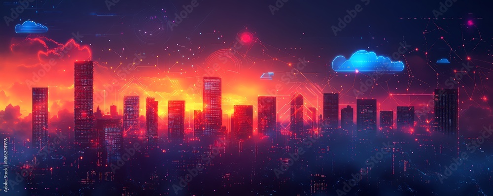 Aufkleber futuristic city skyline filled with icons of digital devices and cloud computing symbols