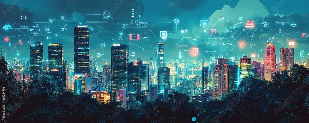 Aufkleber futuristic city skyline filled with icons of digital devices and cloud computing symbols