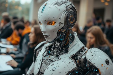 Fototapeta premium A White Humanoid Robot in a Crowd of People