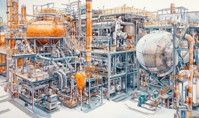 Fototapeta premium Watercolor Detailed illustration of a large industrial plant with various machinery and processing units
