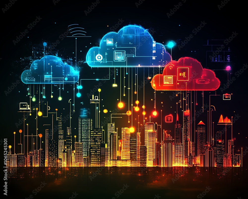 Aufkleber Modern city skyline with a rich array of digital device icons and clouds, representing cloud computing, anchored by a central abstract global network connection visualization
