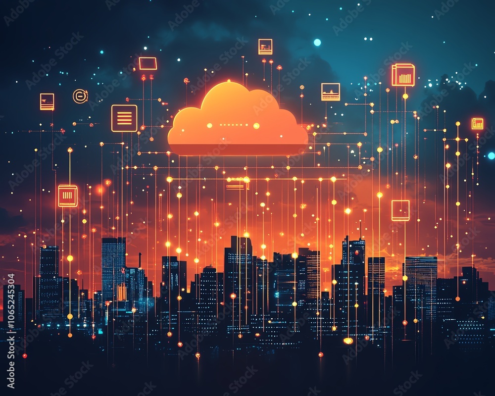 Poster Modern city skyline with a rich array of digital device icons and clouds, representing cloud computing, anchored by a central abstract global network connection visualization
