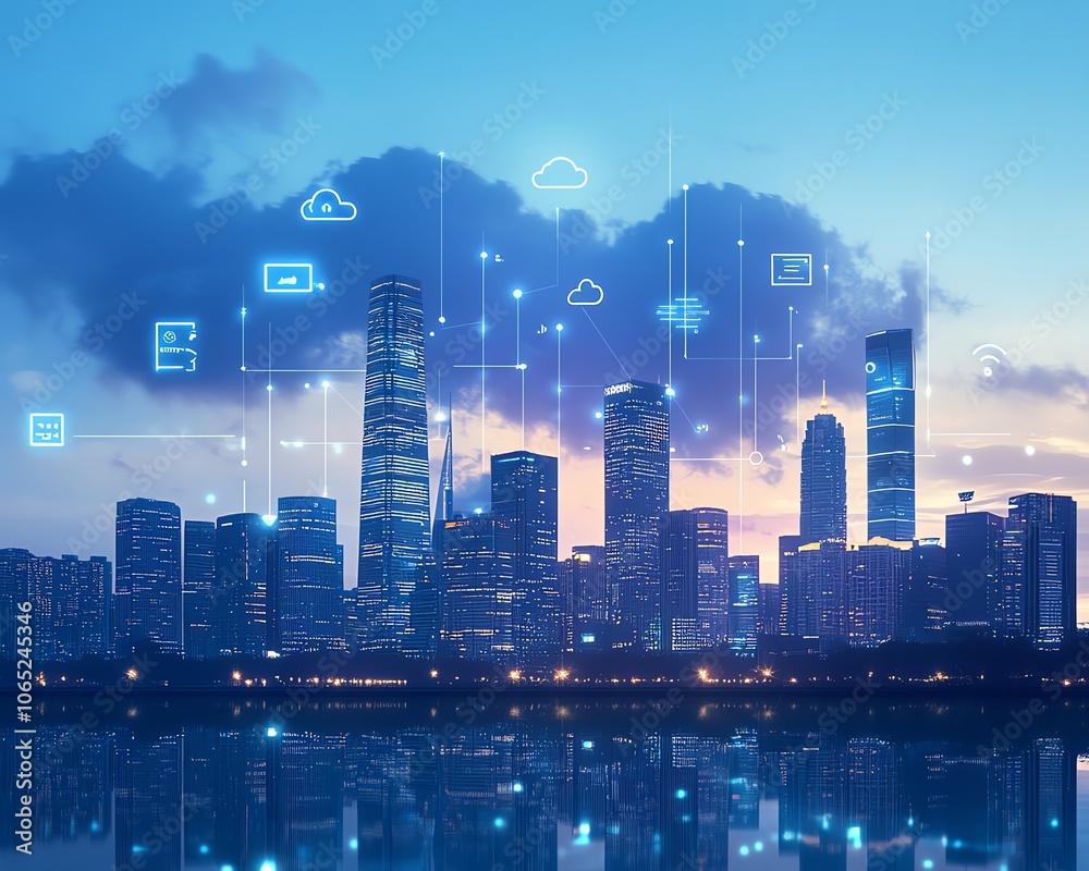 Fototapete Modern city skyline with a rich array of digital device icons and clouds, representing cloud computing, anchored by a central abstract global network connection visualization