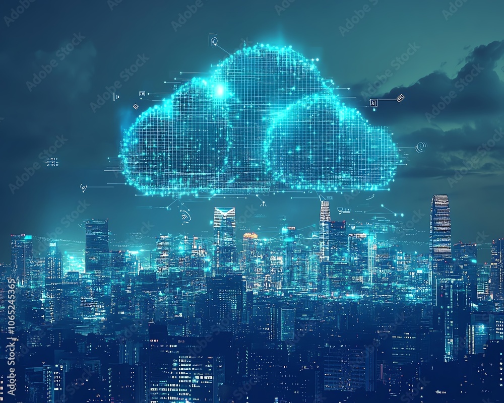 Fototapete Modern city skyline with digital links and icons representing cloud computing, showcasing how technology enhances and transforms urban living experiences
