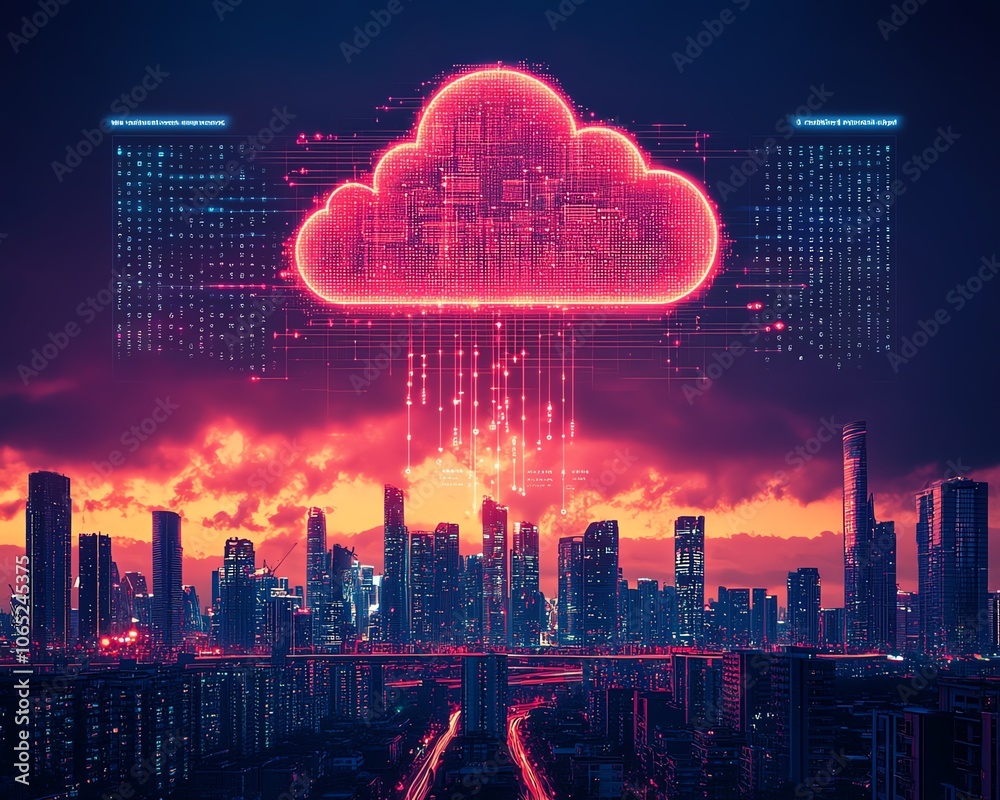 Leinwandbilder Modern city skyline with digital links and icons representing cloud computing, showcasing how technology enhances and transforms urban living experiences