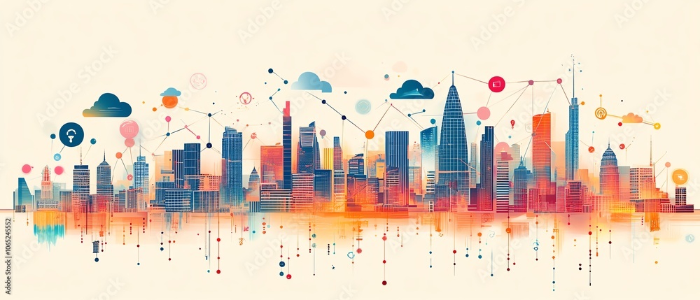 Poster Striking city skyline illustration featuring digital connections and cloud computing symbols, embodying the integration of innovative technology into urban life