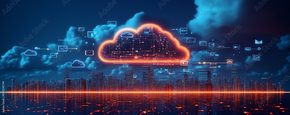 Poster striking city skyline adorned with icons of digital devices and clouds