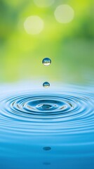 Water droplet creating ripples in a serene blue pool, nature background, tranquility and calmness.