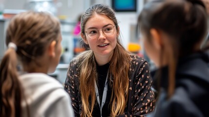 Obraz premium Empowering Women in STEM: Female Mentor Inspiring Young Girls in Technology Workshop
