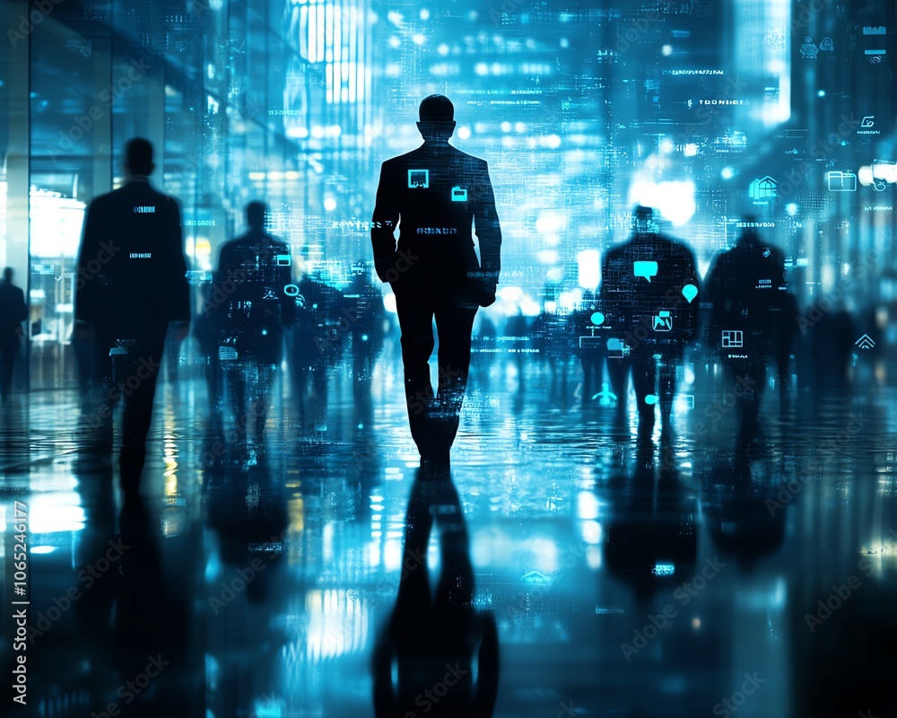Poster a captivating business networking concept featuring business people silhouettes and social media ico