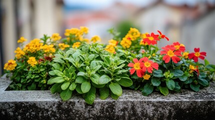 Fototapeta premium Urban rooftop garden overlooking the city, with vibrant plants and a scenic skyline view in the background