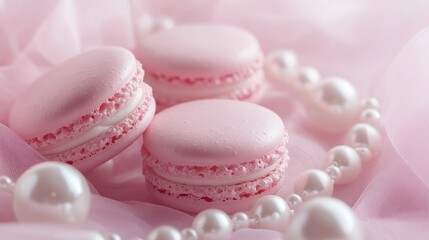 Fototapeta premium Three beautifully crafted pink macarons rest gracefully on plush fabric, surrounded by lustrous pearls, capturing an exquisite moment of sweet indulgence.