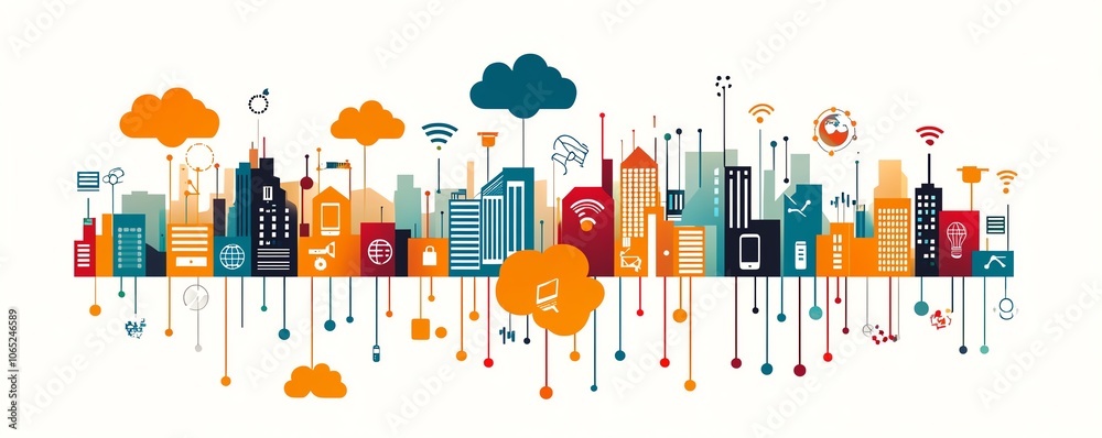 Poster a creative city skyline filled with digital device icons and clouds