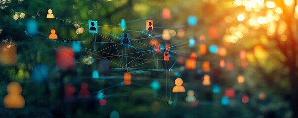A creative representation of a business network with silhouettes of professionals and social media icons set against a blurred background