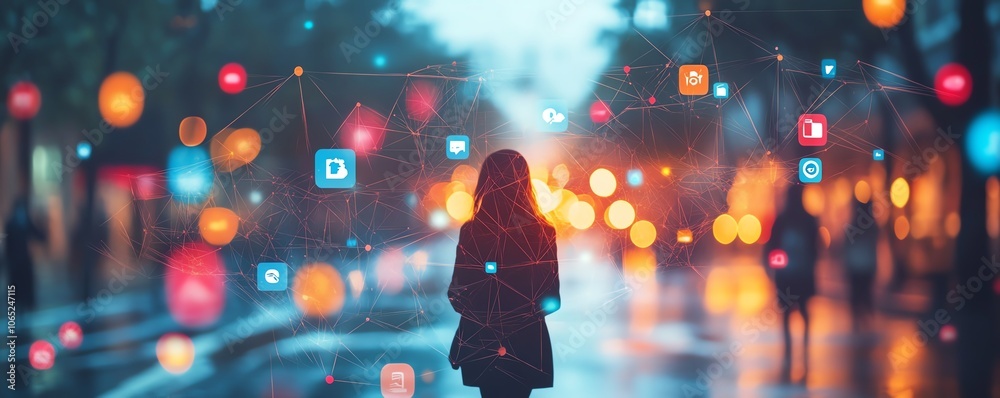 Poster a dynamic business network concept featuring silhouettes of business people and social media icons l