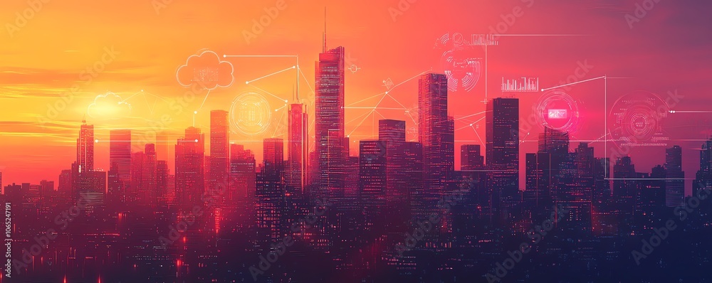 Poster a futuristic city skyline adorned with cloud computing icons and digital connections, symbolizing th