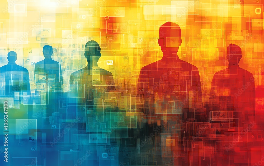 Poster a modern business network visualization with business people silhouettes and social media icons laye