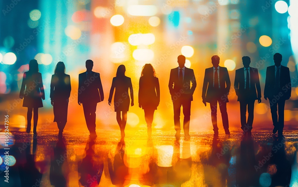 Poster a modern business network visualization with business people silhouettes and social media icons laye