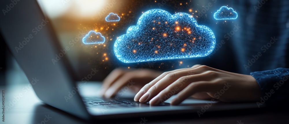 Poster A person engaged in typing on their laptop, with vivid icons of cloud technology and data hovering above, representing the cloud server for storing businessrelated images and text
