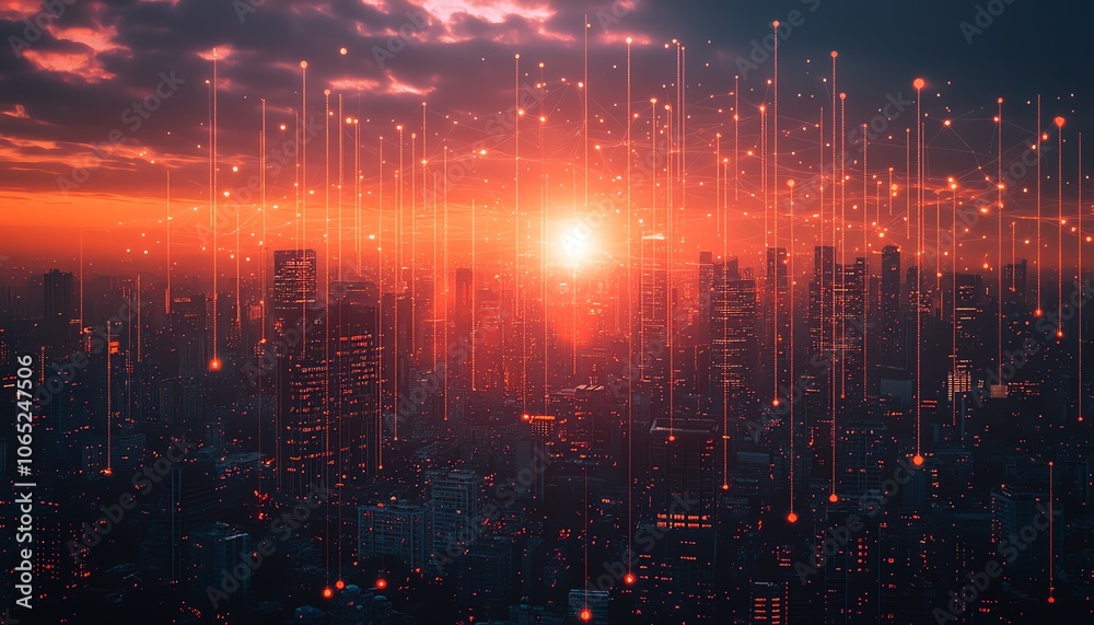 Aufkleber a stunning city skyline featuring digital connections and icons representing cloud computing, symbol