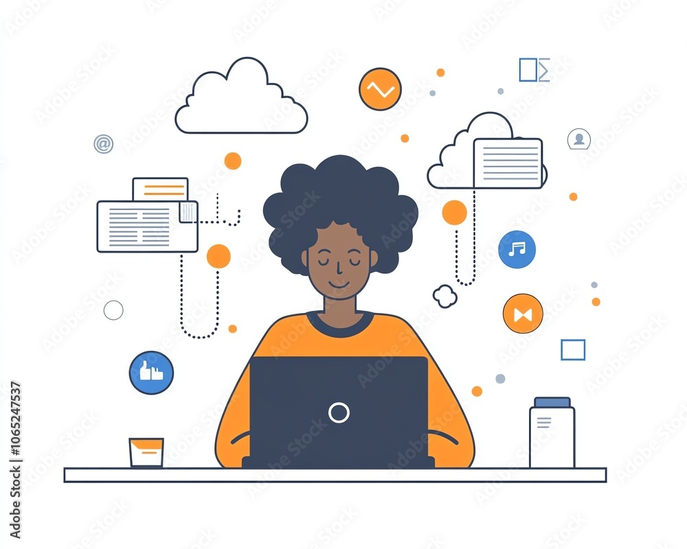 Poster A stylish image of an individual using a laptop, surrounded by cloud technology and data icons above, highlighting the role of cloud storage in managing business information