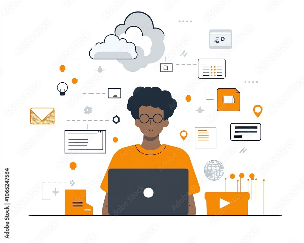 Poster A stylish image of an individual using a laptop, surrounded by cloud technology and data icons above, highlighting the role of cloud storage in managing business information
