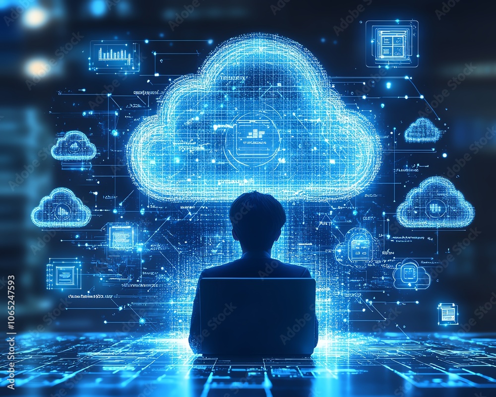 Poster A stylish image of an individual using a laptop, surrounded by cloud technology and data icons above, highlighting the role of cloud storage in managing business information