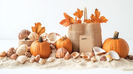 Autumn Harvest Decor with Pumpkins and Shells