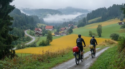 Obraz premium Two cyclists ride on a winding road through a scenic valley with misty hills and colorful fields.